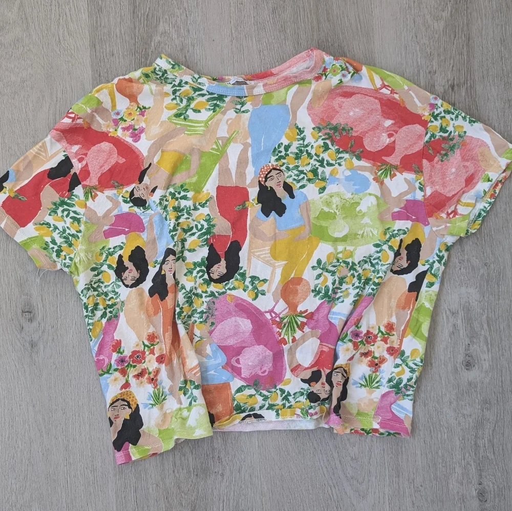 ZARA Cropped Graphic Short Sleeved T-shirt With Lemon & Floral Print Size M - Picture 2 of 6